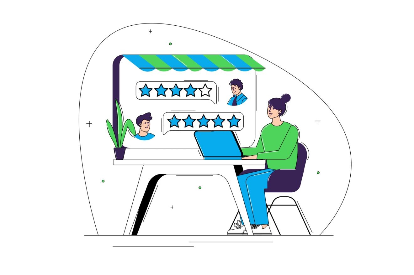 Illustration of a woman in a green sweater and blue pants sitting at a desk looking at a laptop with online guest reviews for her activity and rental business. Behind her is one 4-star customer review with a profile picture. And one 5-star customer review with a profile picture next to it.